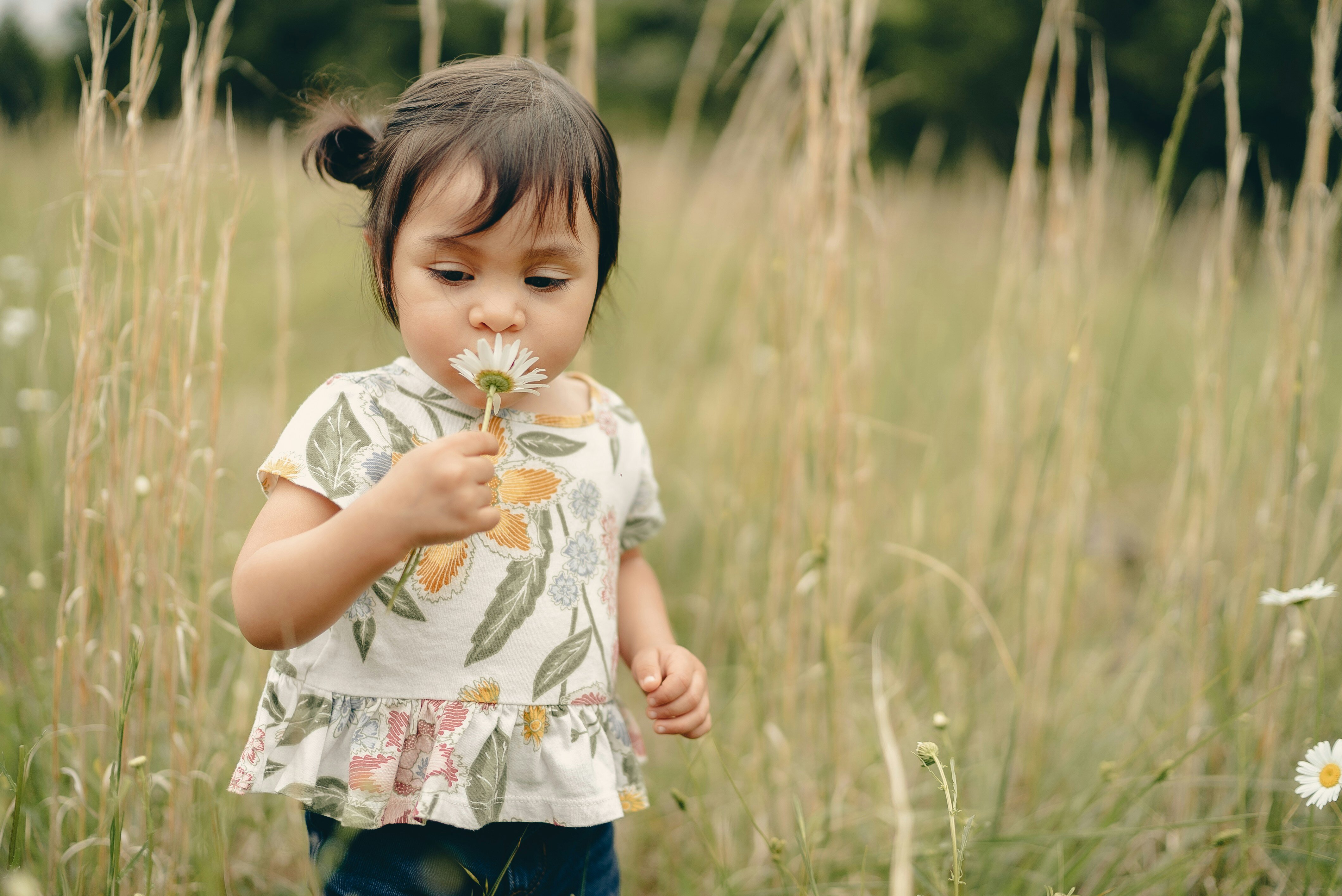 2-years-old playing with flower